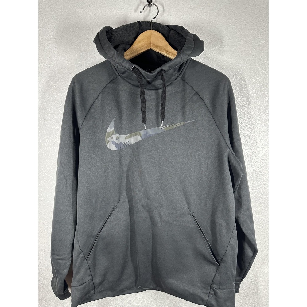 Nike Hoodie Mens Medium Gray Dri-FIT Pullover Fleece Camo Swoosh Sweatshirt
